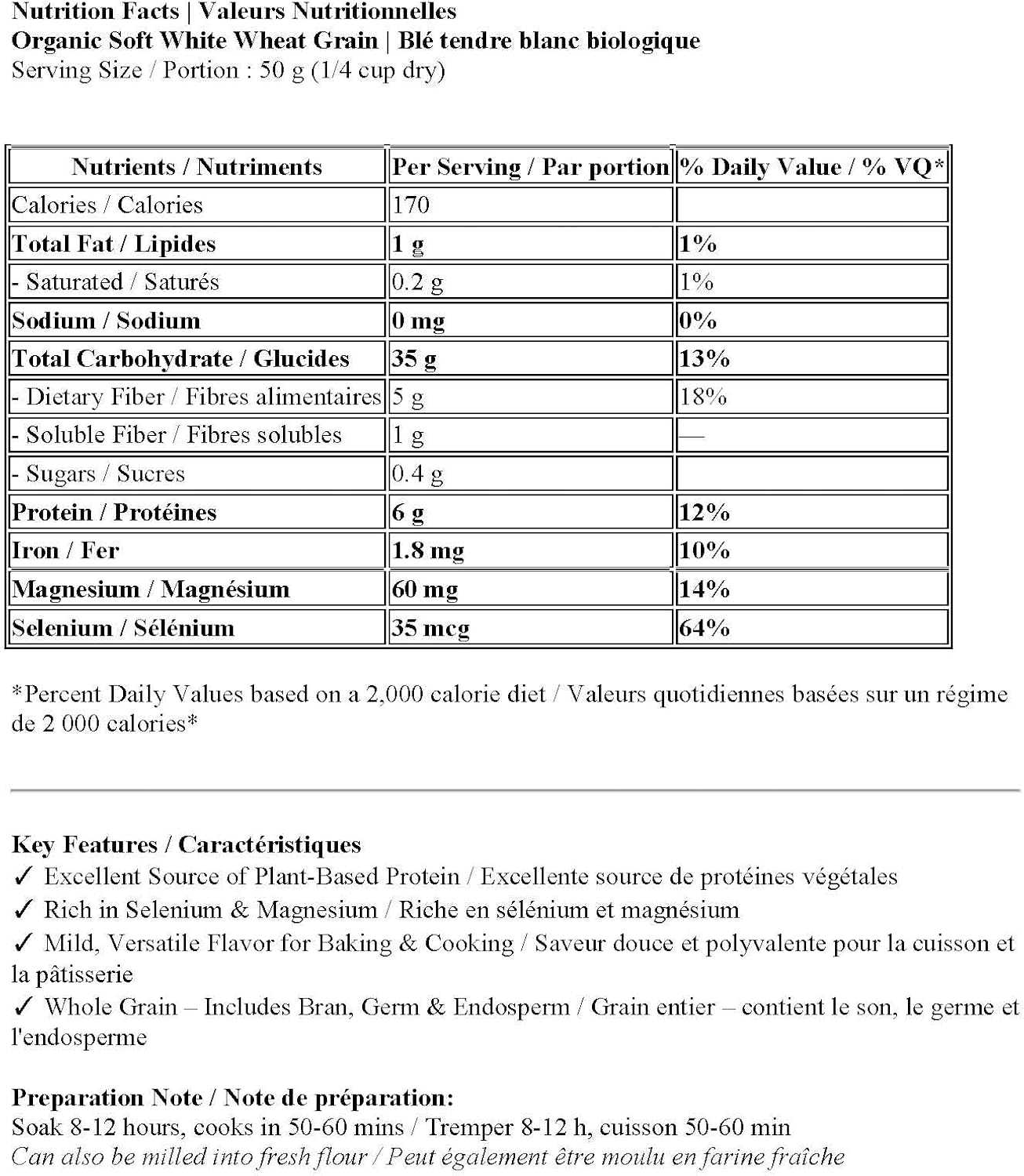 Canada Grown Certified Organic Soft White Wheat Berries 5lbs - Non-GMO, Whole Grain, Food Grade, Vegetarian, Vegan, Buy Local, Support Canadian Farmers