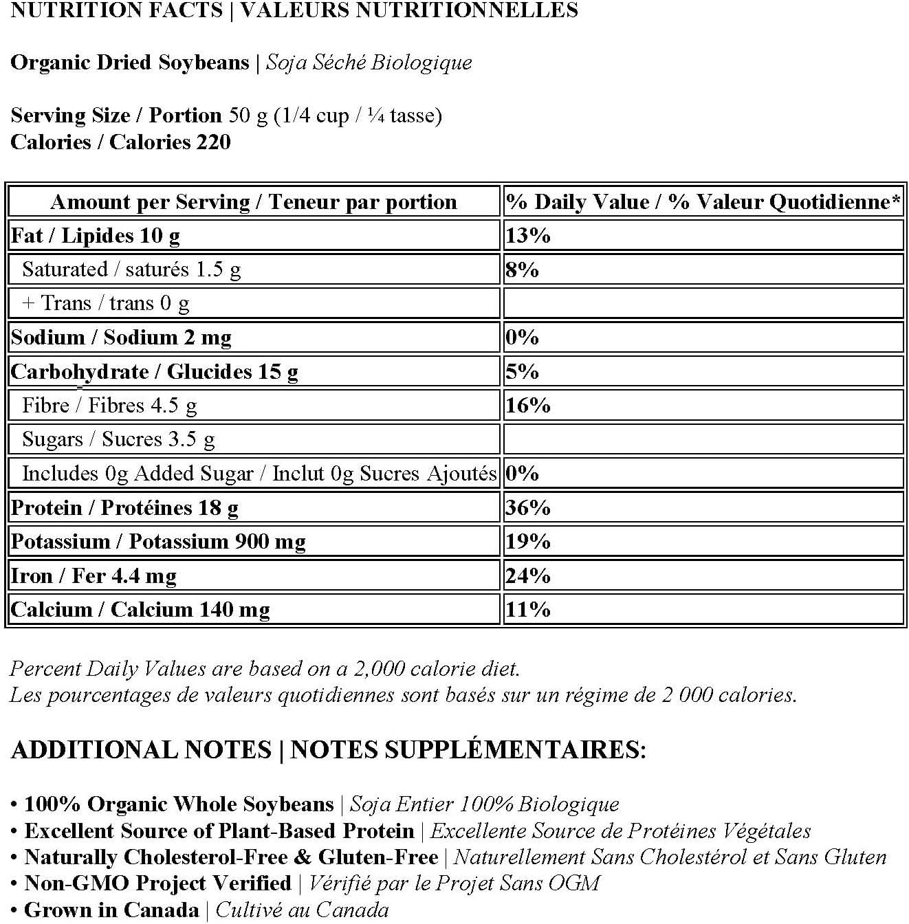 Hundredfold Organic Soybeans, Raw, Dried, Non-GMO, Gluten-Free, 2 kg Bulk Package, Canadian Grown