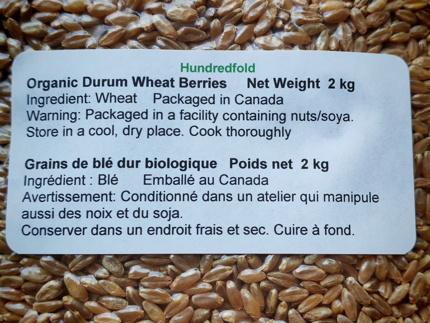 Canada Grown Certified Organic Durum Wheat Berries 2 kg - Non-GMO, Whole Grain