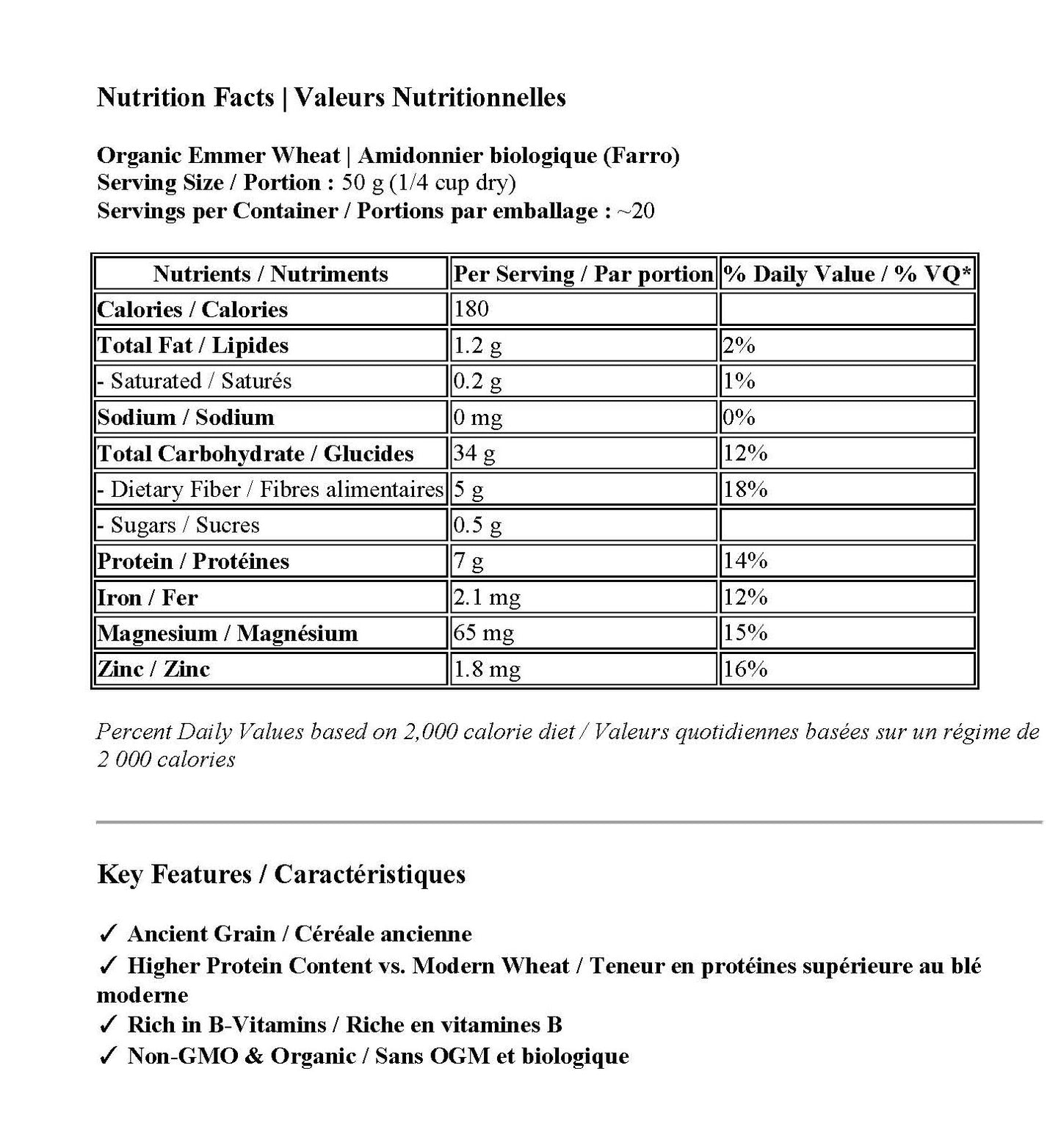Blé amidonnier ancien à grains entiers biologiques 2 lb - Farro Medio Sans OGM Cultivé au Canada Excellent pour les personnes qui surveillent leur poids, les végétaliens et les végétariens