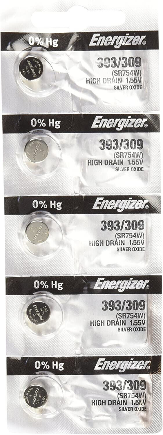 Lot de 5 piles à oxyde d'argent Energizer 393/309 SR754W à haut débit, 1,55 V, 393 309