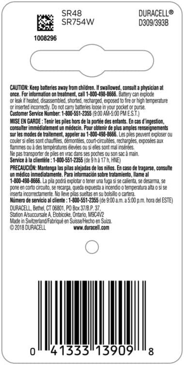 Pile pour montre/calculatrice Duracell Silver Oxide 1,5 V 393 309 SR754W SR48 393/309