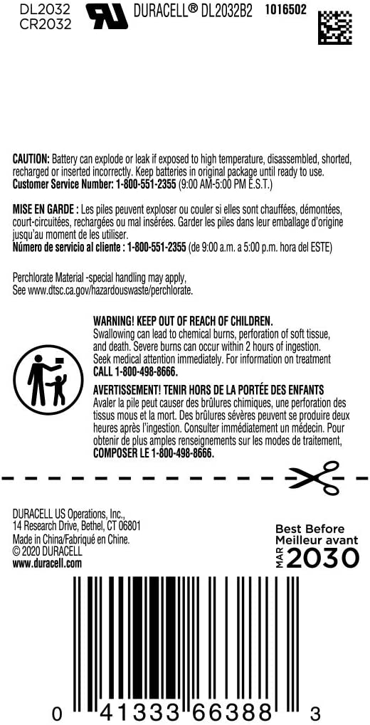 Pile bouton au lithium Duracell 2032, CR2032 3 V, lot de 2 (lot de 1). Revêtement amer qui empêche la déglutition, emballage sécurisé pour les enfants. Idéal pour les porte-clés, les télécommandes et plus encore. Piles au lithium