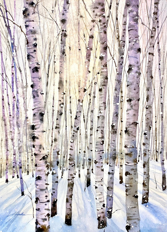 "Chanson d'hiver" Peinture à l'aquarelle sur papier 14"x11" Encadrée, peinte à la main