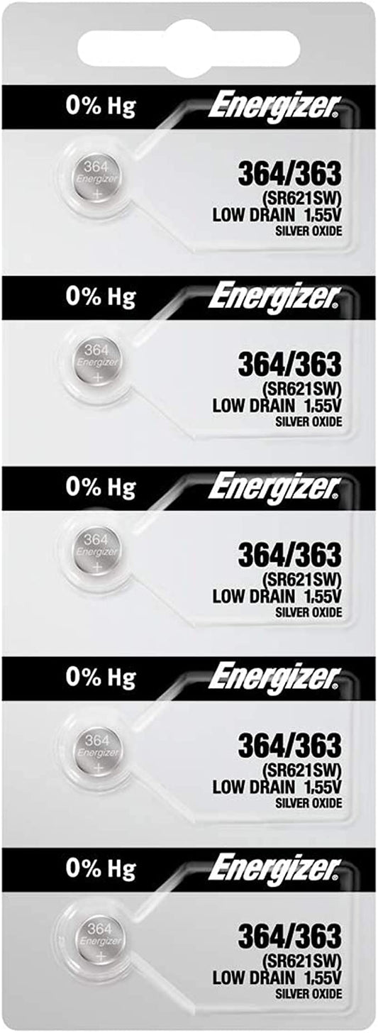 Lot de 5 piles de montre Energizer 364/363 SR621SW 1,5 V 364 363 Pile à oxyde d'argent