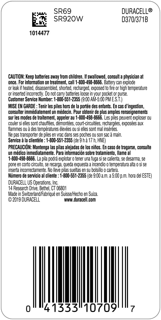 Pile bouton à oxyde d'argent Duracell 370/371, 1 paquet, pile 370/371 1,5 V, longue durée pour montres, appareils médicaux, calculatrices, etc. 