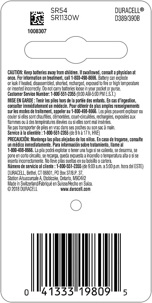 Pile médicale et de montre Duracell Silver Oxide 389/390, 1,5 V SR1130W SR54