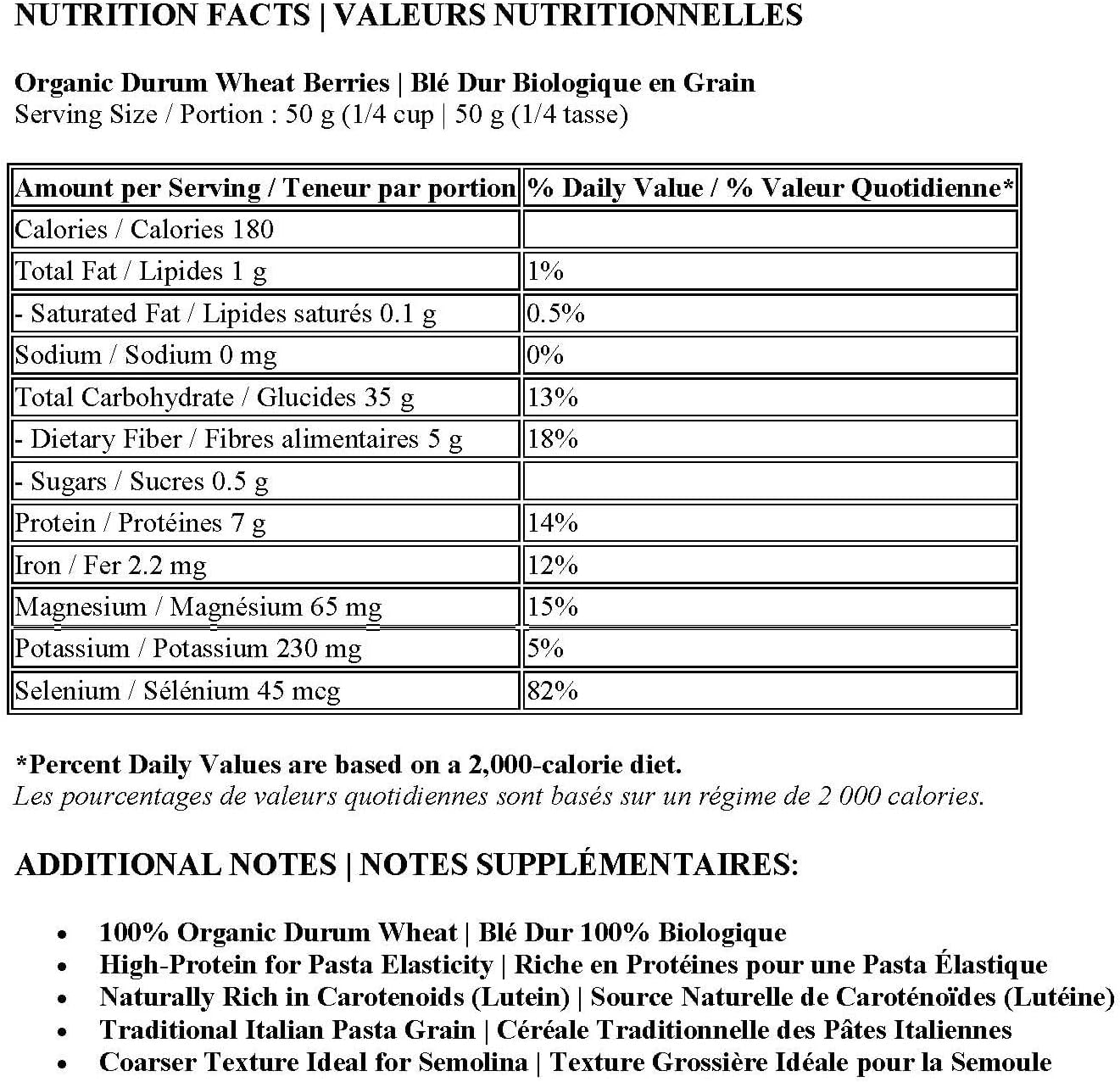 Bilingual English and French nutrition facts for organic durum wheat berries, showing calories, fiber, protein, and iron content