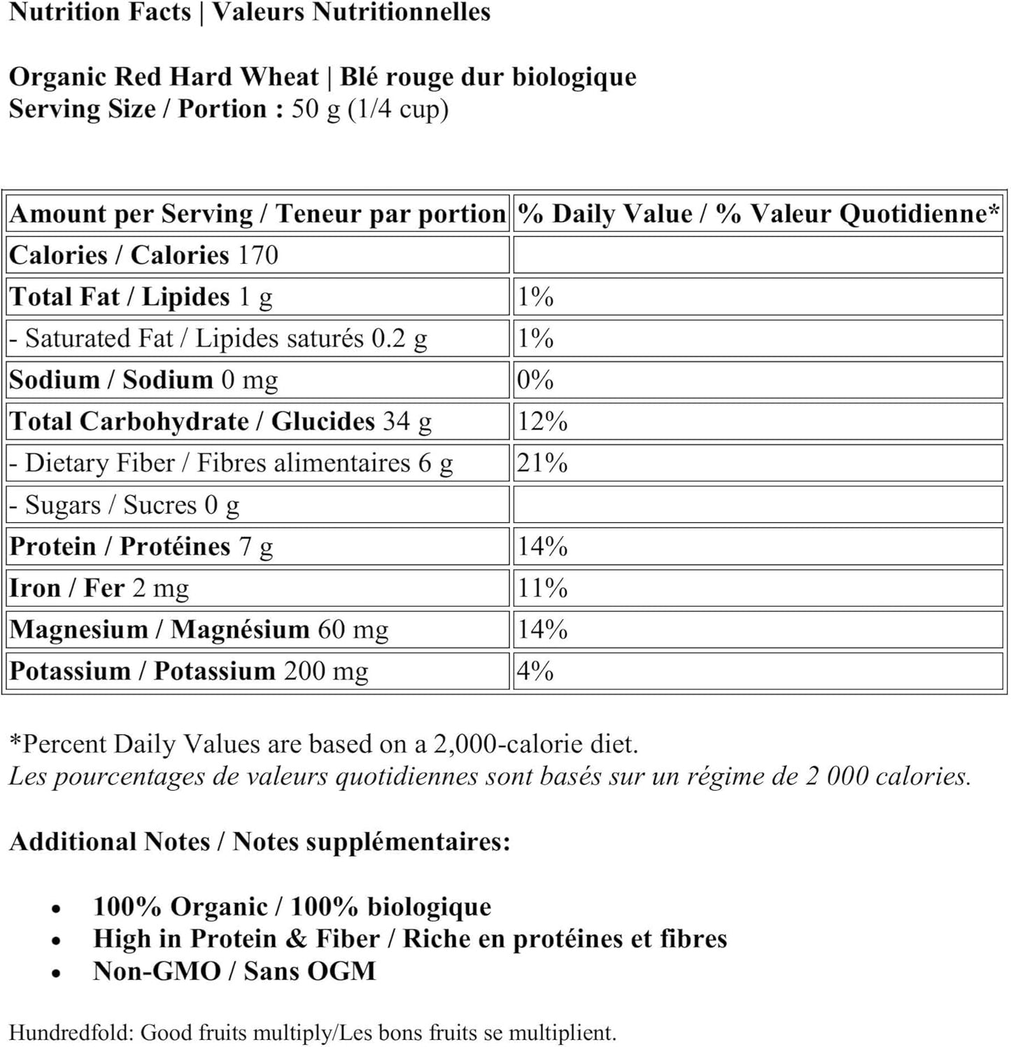 Baies de blé certifiées biologiques cultivées au Canada Hundredfold 2 kg - Sans OGM, grains entiers, qualité alimentaire, convient aux végétariens, laxatif naturel