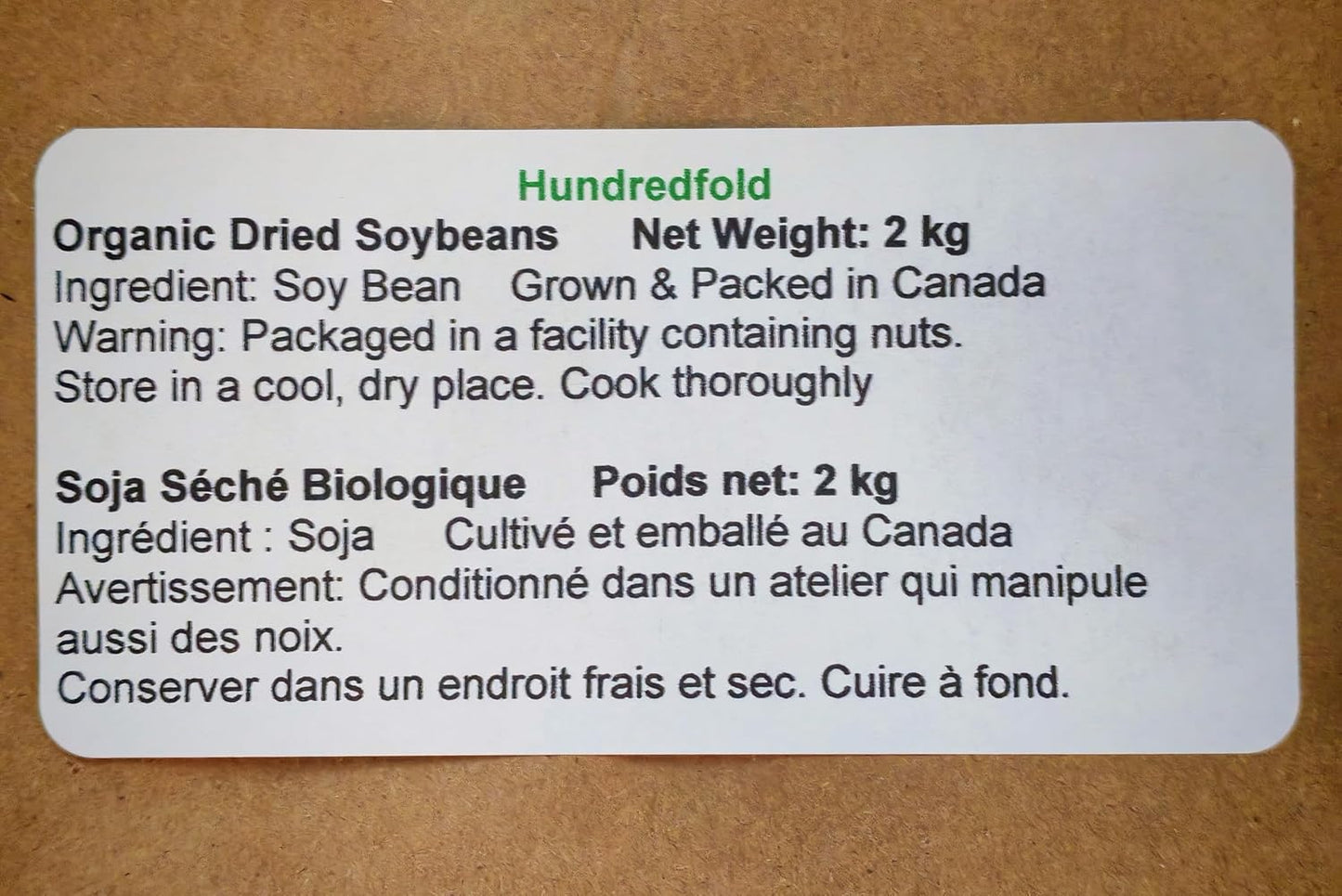 Hundredfold Organic Soybeans, Raw, Dried, Non-GMO, Gluten-Free, 2 kg Bulk Package, Canadian Grown