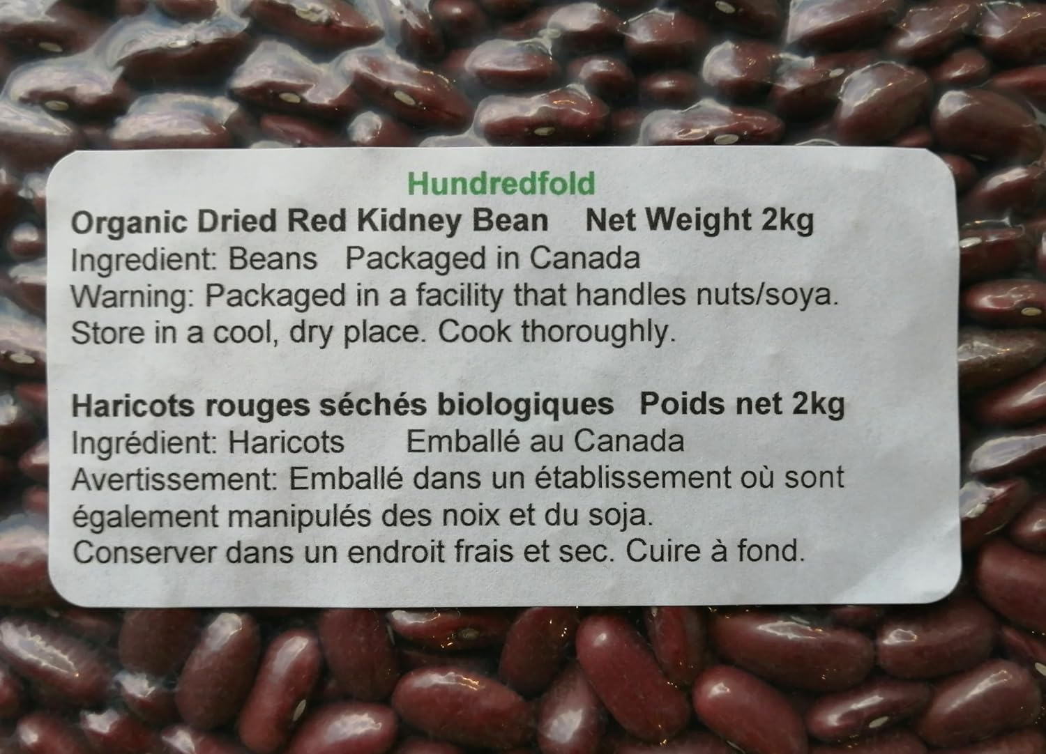 Bilingual French and English product label for Organic Red Kidney Beans by Hundredfold