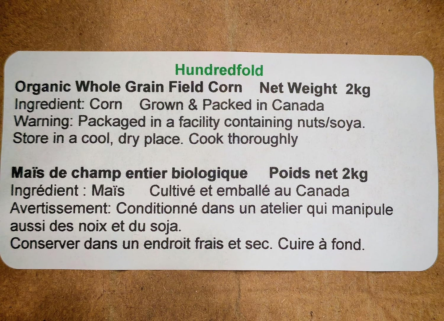 Organic Yellow Whole Corn – Non-GMO, Canada-Grown Food-Grade Maize, 2kg