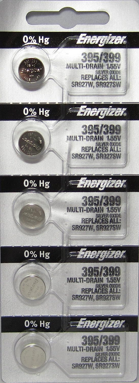 Lot de 5 piles de montre à oxyde d'argent Energizer 395 399 SR927SW, SR927W, fabriquées aux États-Unis, 1,55 V 