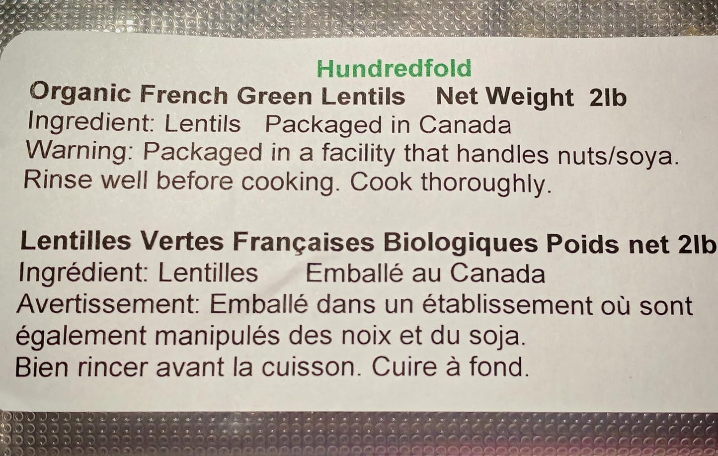 Lentilles vertes françaises biologiques Hundredfold 2 lb - Sans OGM Cultivées au Canada Excellentes pour les culturistes, les végétaliens et les végétariens
