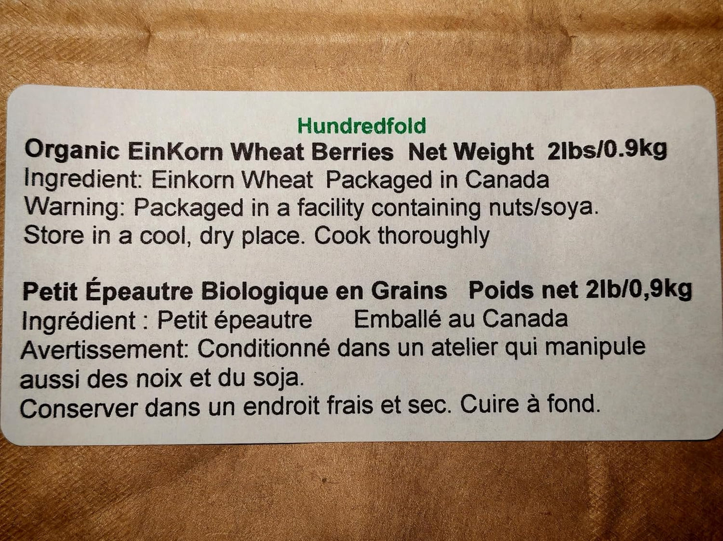 Blé ancien en grains entiers biologiques Hundredfold 2 lb – Sans OGM Cultivé au Canada Excellent pour les personnes qui surveillent leur poids, les végétaliens et les végétariens