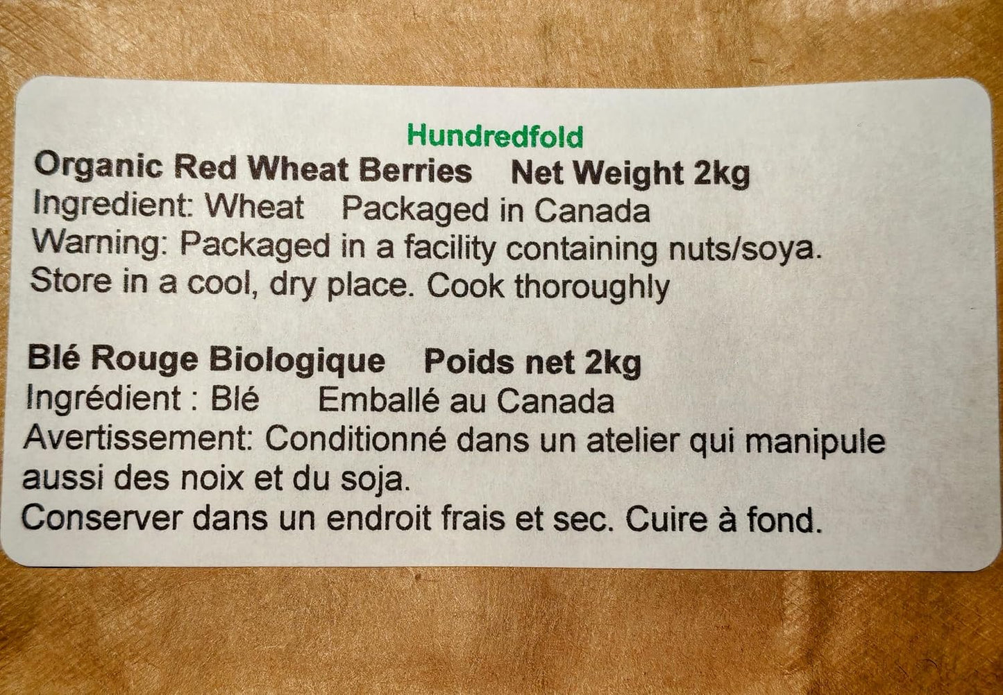 Baies de blé certifiées biologiques cultivées au Canada Hundredfold 2 kg - Sans OGM, grains entiers, qualité alimentaire, convient aux végétariens, laxatif naturel