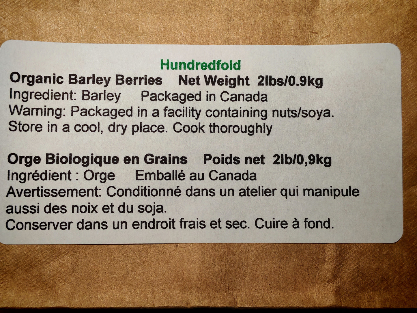 Orge entière certifiée biologique Hundredfold 2 lb (908 g) Céréale ancienne Sans OGM Qualité alimentaire, pour l'alimentation ou la germination, Laxatif naturel, Produit du Canada