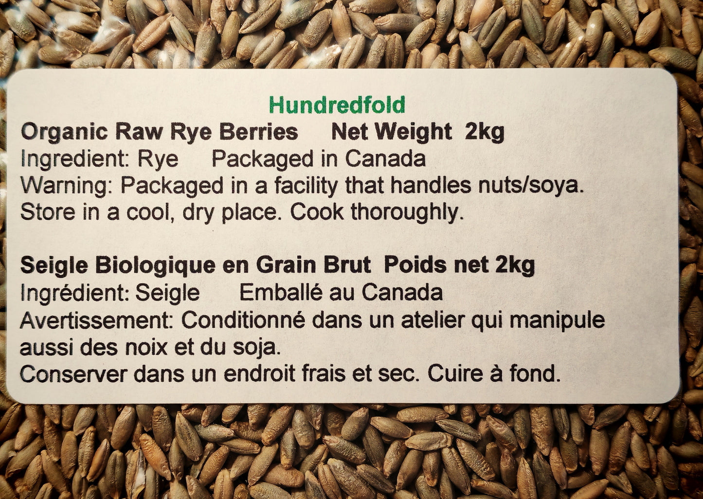 Hundredfold Canada Grown Certified Organic Rye Berries 2Kg - Non-GMO, Whole Grain, Food Grade, Vegetarian, Vegan, Buy Local, Support Canadian Farmers