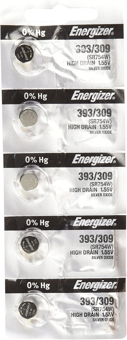 Lot de 5 piles à oxyde d'argent Energizer 393/309 SR754W à haut débit, 1,55 V, 393 309