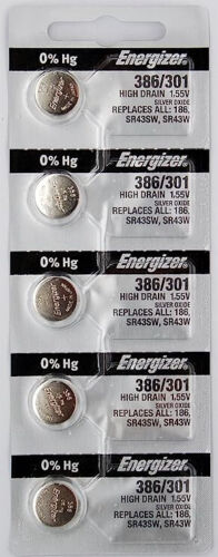 Lot de 5 piles à oxyde d'argent 386/301 Energizer Watch 1,55 V SR43SW SR43W 386 303