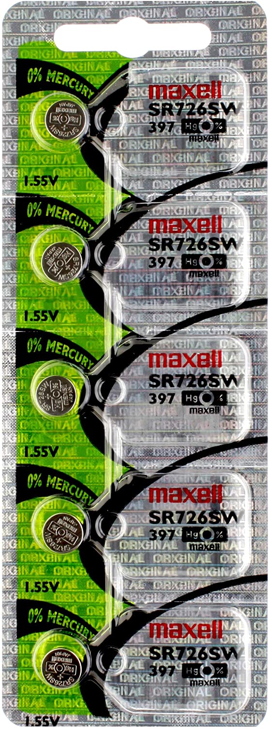 5PC Maxell 397 Silver Oxide Watch Batteries SR726SW GP97, Panasonic SP397, 397-1W, RW311, Blister Packed
