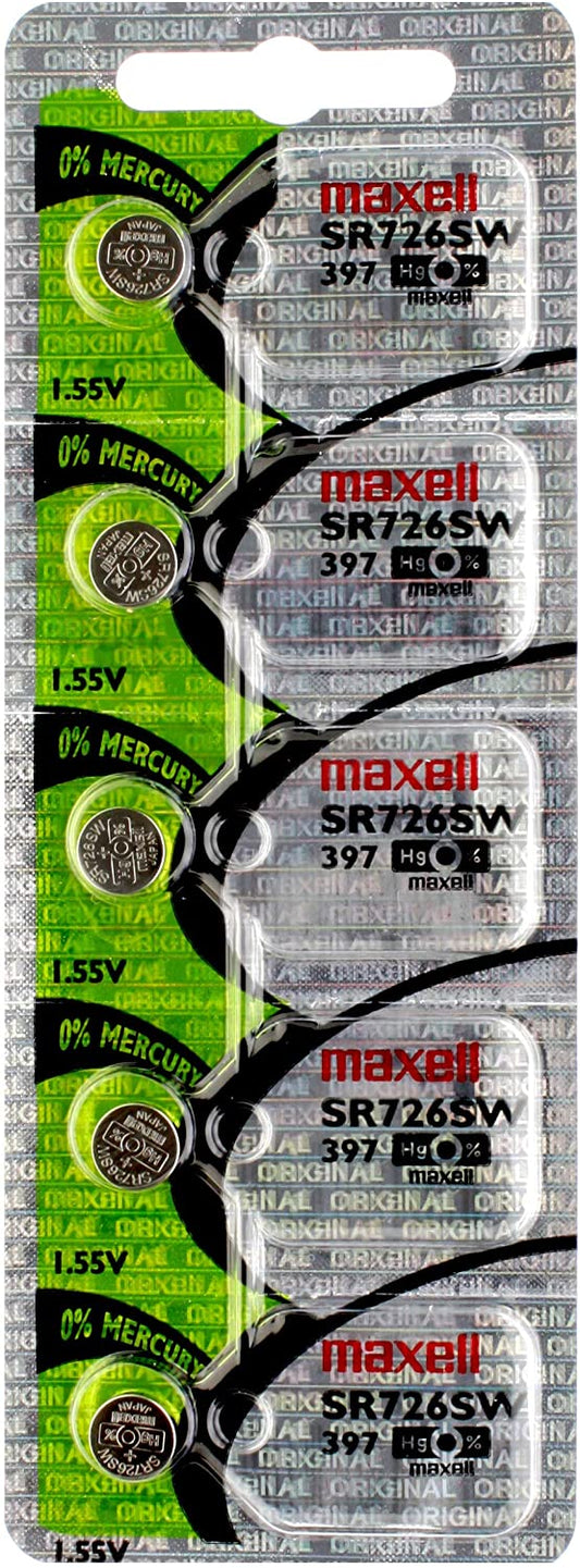 Lot de 5 piles de montre à oxyde d'argent Maxell 397 SR726SW GP97, Panasonic SP397, 397-1W, RW311, sous blister 